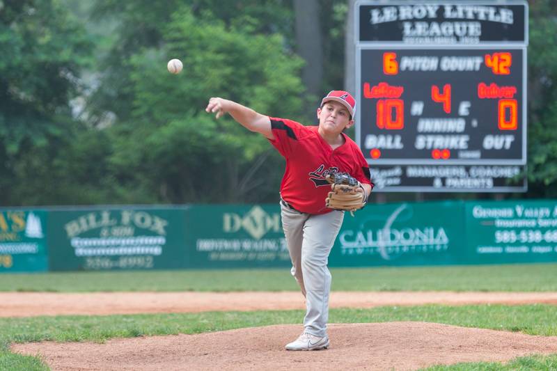 LeRoy Little League 10-12 All-Stars pitcher throws another strike against Bolivar-Richburg Photo by Steve Ognibene