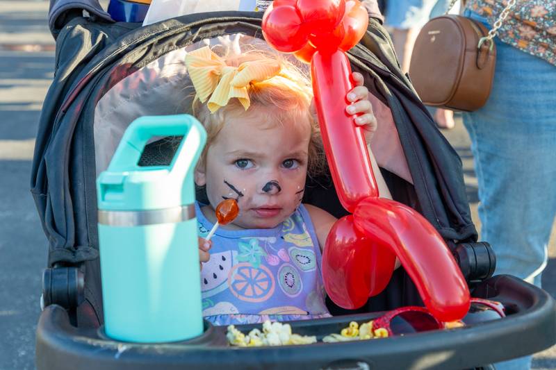 Young girl with facepaint and balloon by the youth bureau.  Photo by Steve Ognibene