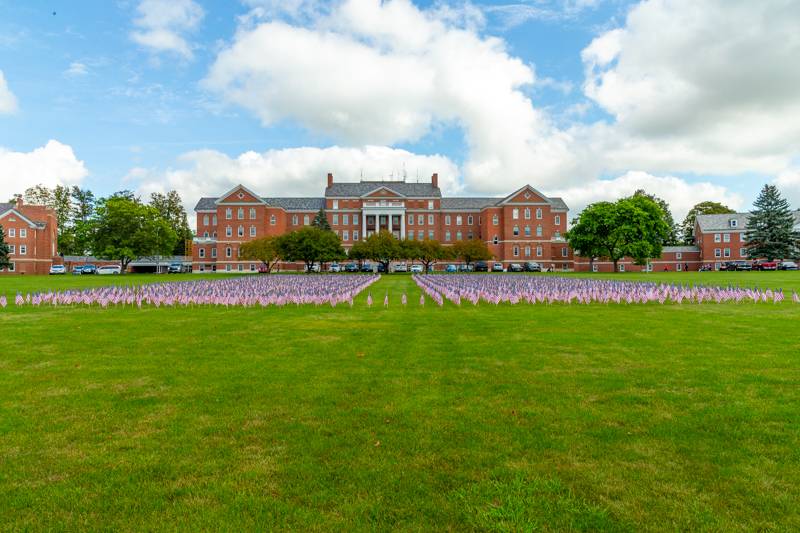 Flags in shape of Twin towers placed on V.A. grounds this morning. Photo by Steve Ognibene