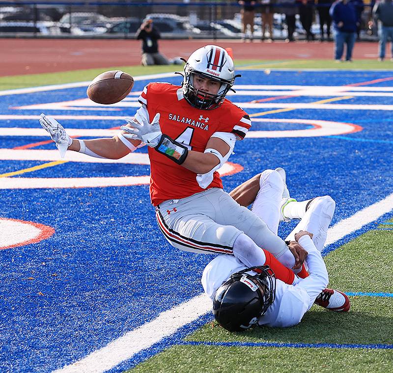 LeRoy’s Xavien Walker breaks up a potential score at the goal line.