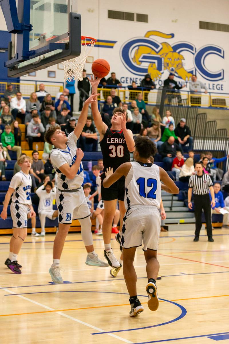 LeRoy's #30 Merritt Holly scored 37 points for the Knights. Photo by Steve Ognibene
