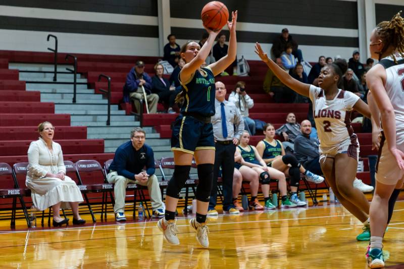 Senior Emma Sisson led the Lady Irish offense scoring 12 points.  Photo by Steve Ognibene