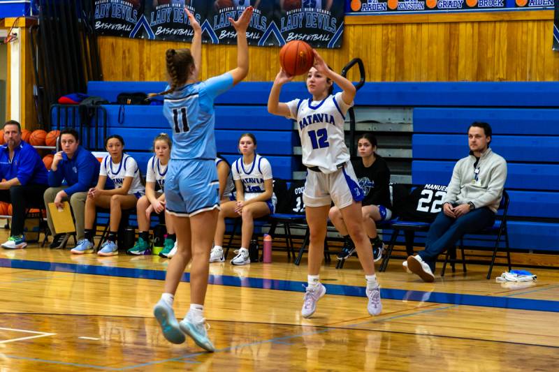 Violet Lopez shooting from three point range. Photo by Steve Ognibene