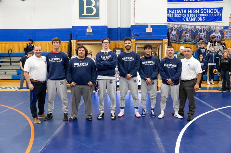 Pictured left to right are Coach Charlie Voorhees, Andrew Child, Nate Heusinger, Tymothey Murrel, Wyatt Bryman, Casper Stewart, Coach Rick Stewart