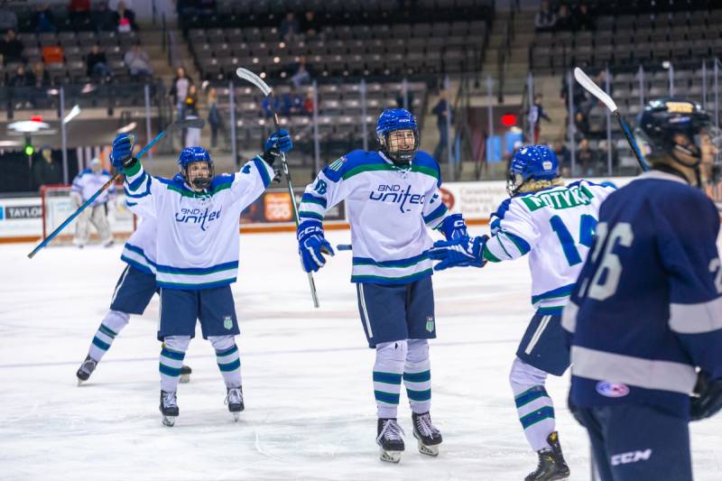 #18 Brennan Pedersen gave BND the lead on a shot from the blue line.  Photo by Steve Ognibene