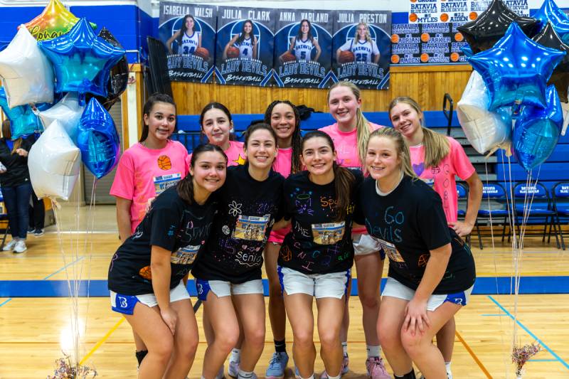 Left to right in black t-shirts are Julia clark, Anna Varland, Isabella Walsh and Julia Preston were honored on senior night.  Photo by Steve Ognibene