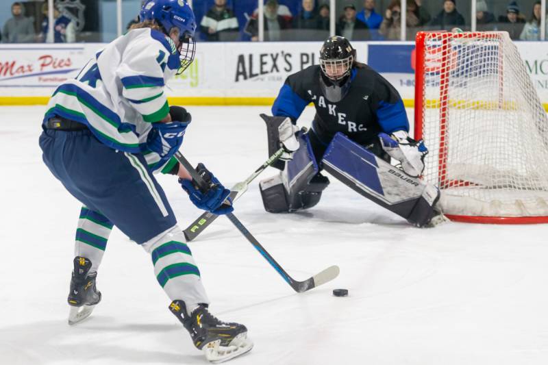 Jemeson Motyka approaching to shoot on net.  Photo by Steve Ognibene