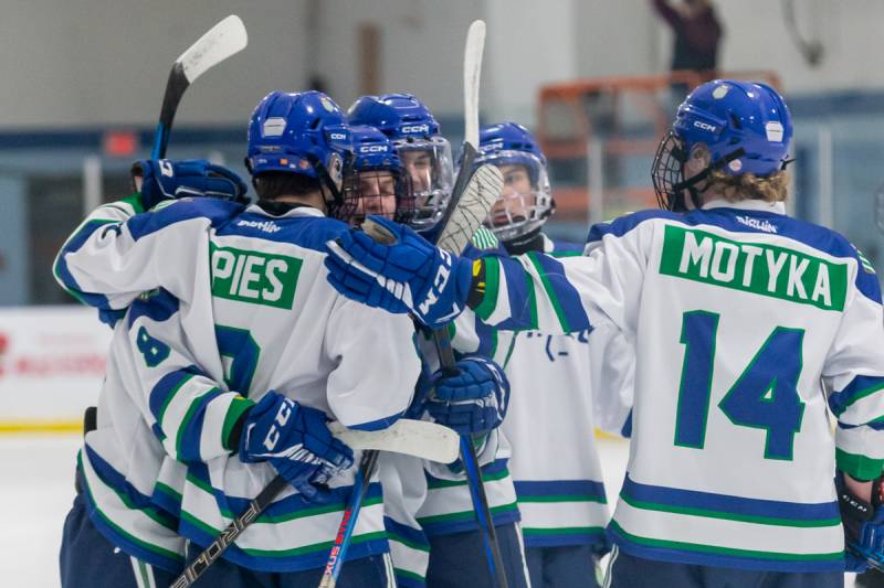 One of many BND United celebrations on six goals scored at the game.  Photo by Steve Ognibene