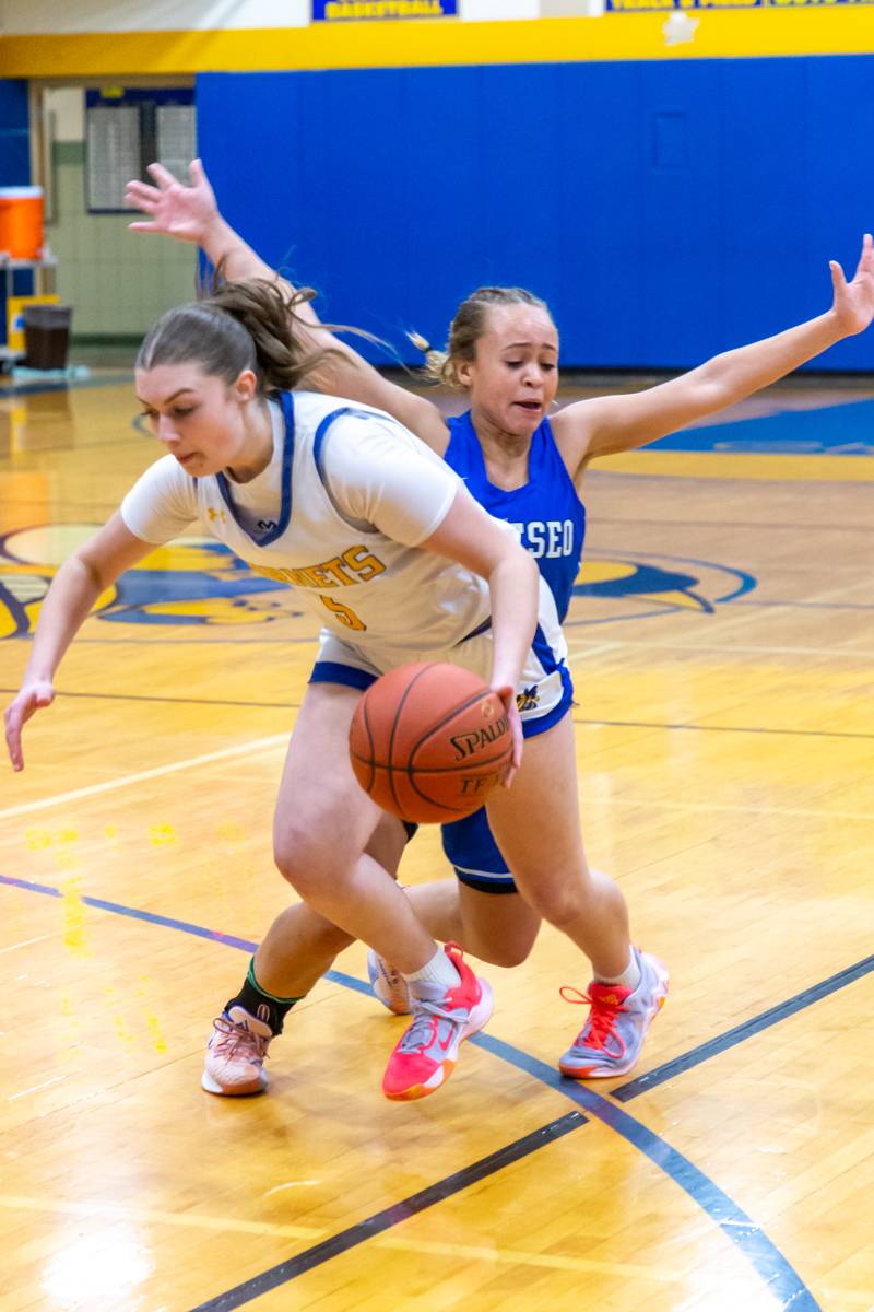 Jess Gosnowski making a play around a Geneseo defender.  Photo by Steve Ognibene