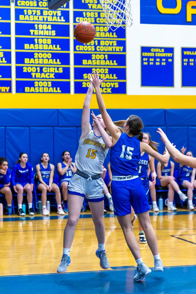 Alexa Clark shooting from the paint.  photo by Steve Ognibene