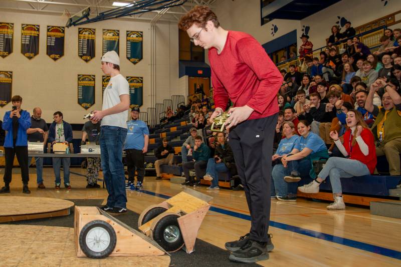 Batavia High School Matthew Doeringer wins the opening round of the SUMO Bot competition  Photo by Steve Ognibene