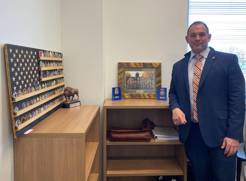 Jeffrey Searls with office decor at new jail