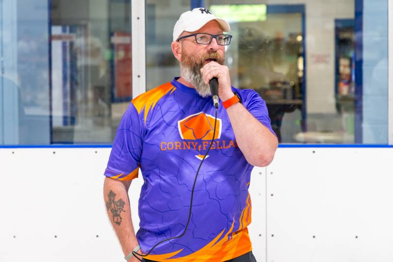 Mike Borrelli owner of Cornyfellas, cornhole tournament organizer running todays fundraiser event for the family of Sgt. Thomas Sanfratello  Photo by Steve Ognibene