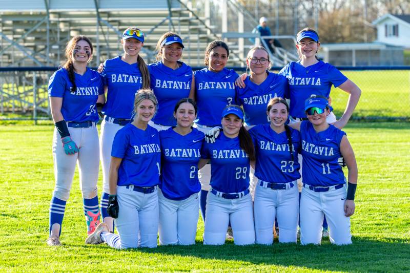  Batavia softball celebrates a 13-1 victory monday afternoon on Anderson field at Batavia High school and picks up their second win of the season.   Photo by Steve Ognibene