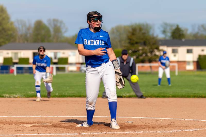 Batavia softball 7th grader Gabby Smith gets her first varsity start on the mound for the Lady Devils Wednesday night at John Kennedy Intermediate School Softball field.  Photo by Steve Ognibene
