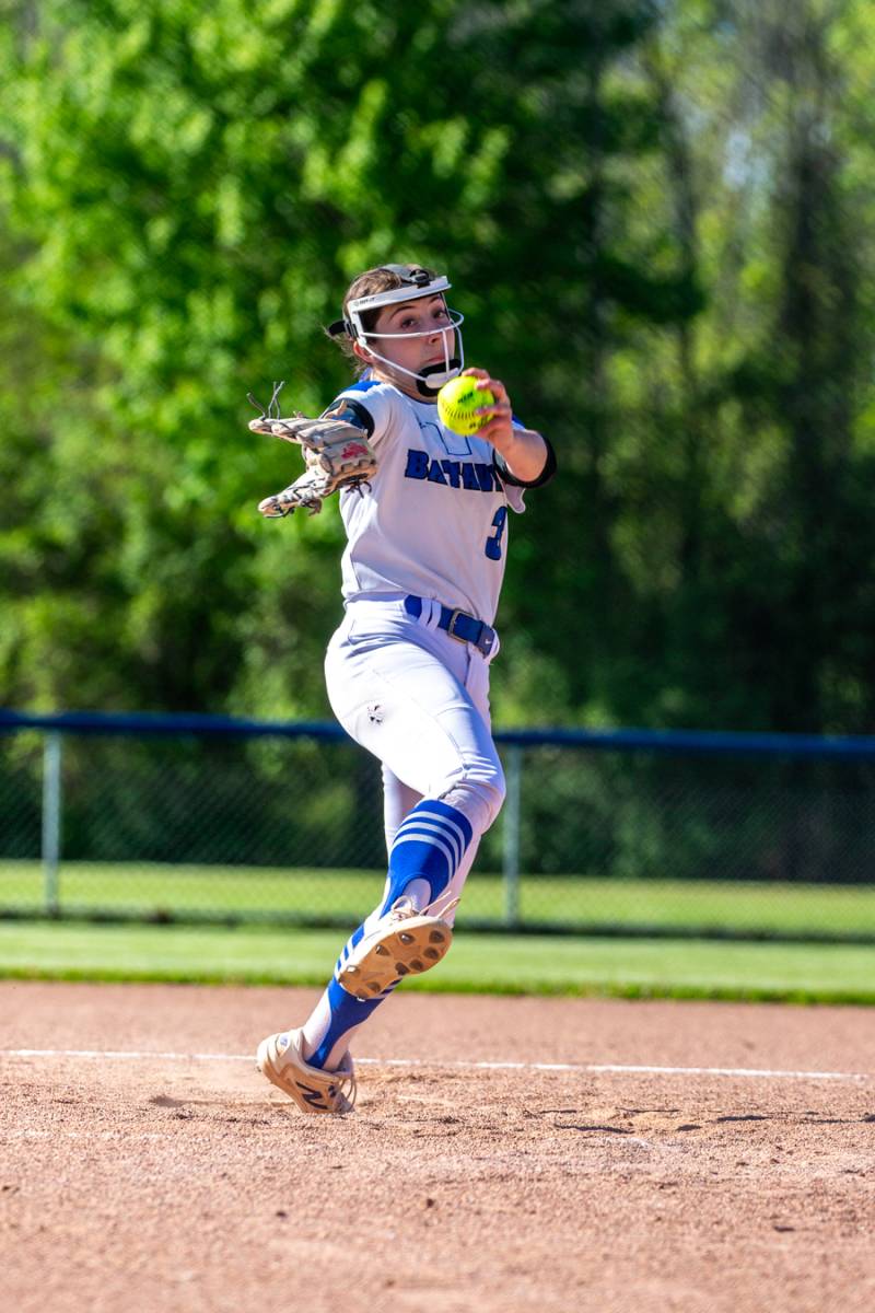 Arianna Almekinder strikes out 14 and picks up win on the mound at Batavia High School Tuesday afternoon.  Photo by Steve Ognibene