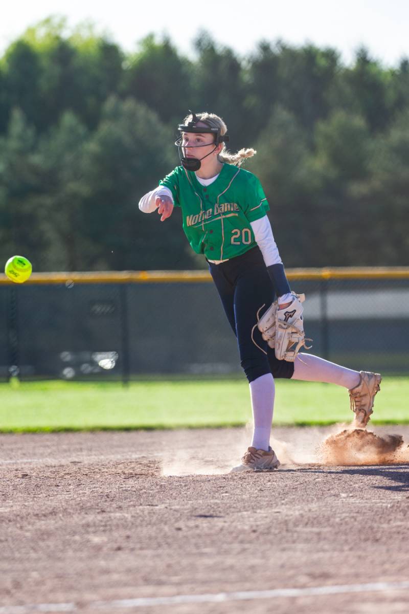  Amelia Sorochty gets the win on the mound for the Irish at Genesee Community College  on Tuesday.  Photo by Steve Ognibene