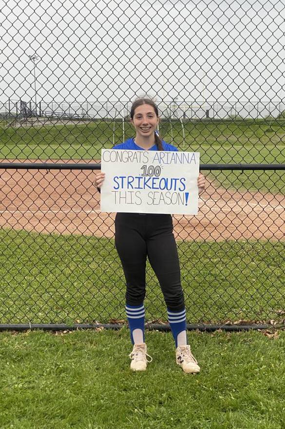 Arianna Almekinder struck out 13, threw her first varsity perfect game with no hits or walks and records 100th strikout this season. Submitted photo.