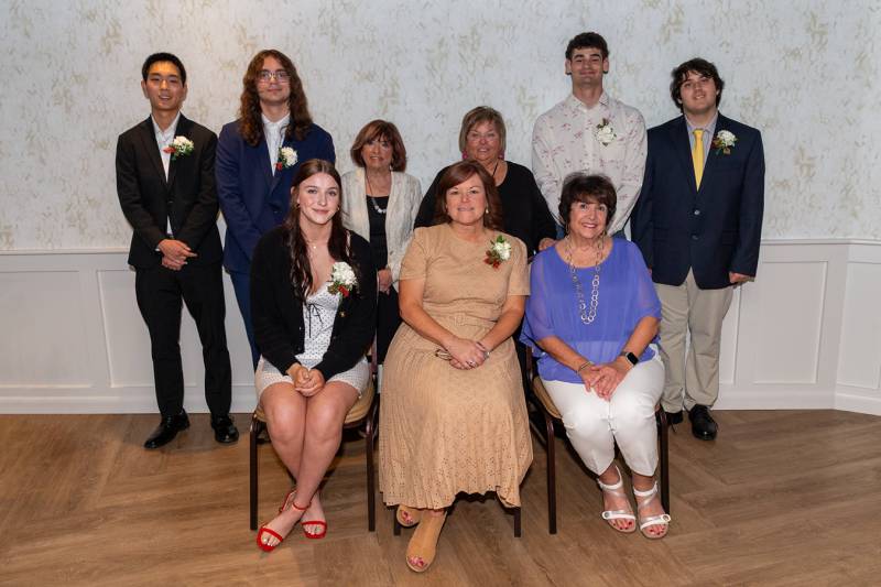 Standing back row,  left to right Scholarship winners Matthew Wittmeyer, Adam Root, ( Paolo Busti VP Officer Annette Labarbera, President Michelle Fuller ), Greyson Fix, Rocco Sprague  Front row sitting Left to Right Scholarship winner Kaitlin Kratz, Outstanding Italian American Elizabeth Riter, Board Director Terry Fritts
