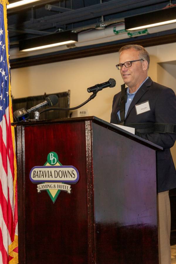 Steve Hyde speaking of years of working at GCEDC with board, staff and thanking family and friends.  Photo by Steve Ognibene